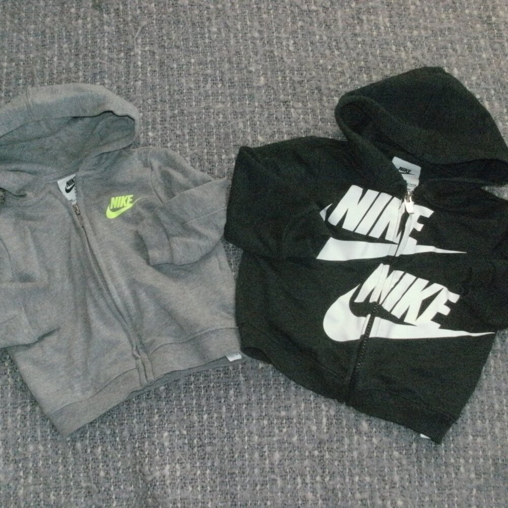 ~ TWO ~ Nike Sweatshirt Hoodies ~ Black with White Swoosh Design 9M & Gray 6M ~